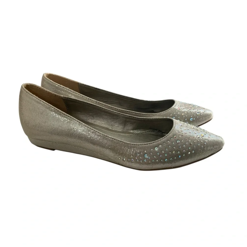 Laundry Metallic Beige Gold Ballet Flats Siver Rhinestones Pointed Toe Party 8.5